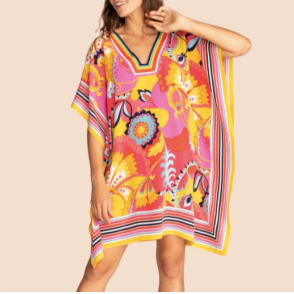 TRINA TURK Theodora Silk Vibrant Floral Caftan Dress Swim Coverup Medium/Large